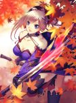  asymmetrical_hair autumn_leaves bare_shoulders black_legwear blue_eyes blue_kimono breasts charlenechan925 cleavage collarbone detached_sleeves dual_wielding earrings fate/grand_order fate_(series) hair_ornament highres holding holding_sword holding_weapon japanese_clothes jewelry katana kimono large_breasts leaf_print lips looking_at_viewer magatama maple_leaf_print miyamoto_musashi_(fate/grand_order) obi pink_hair ponytail sash sheath sheathed short_kimono sleeveless sleeveless_kimono solo sword thighhighs weapon 
