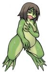  4_toes amphibian breasts brown_hair crying featureless_breasts female frog green_skin hair hand_on_breast hikagenootimsya human_to_anthro multicolored_skin nude post_transformation simple_background slimy solo tears toes transformation two_tone_skin worried yellow_eyes 