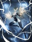  blonde_hair bodysuit boots breasts center_opening cleavage cloud covered_navel dc_comics electricity kike1988 lipstick livewire makeup rain short_hair solo teeth toon western_comics white_eyes white_skin 
