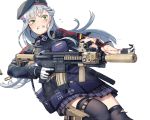  anthropomorphism blood blush garter girls_frontline gloves gray_hair green_eyes gun hat hk416_(girls_frontline) itou_(onsoku_tassha) long_hair skirt tattoo tears techgirl thighhighs torn_clothes weapon 