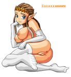  anus blue_eyes breasts brown_hair legend_of_zelda looking_at_viewer nintendo nipples nude pointy_ears princess_zelda pussy sakurakasugano simple_background the_legend_of_zelda thighhighs toes uncensored 