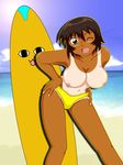  azumanga_daioh azumanga_daiou bikini blush breasts brown_hair chiyo-dad dark_skin highres kagura large_breasts navel nipples smile swimsuit tan tanline topless wink 