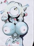  big_breasts bludgeon blush breasts cyclops electric_hair huge_breasts magnemite magneton metal nintendo one_eye pok&#233;mon pokemon smile solo video_games 