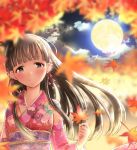  autumn autumn_leaves bangs blunt_bangs blurry blurry_foreground blush brown_eyes brown_hair closed_mouth cloud commentary_request depth_of_field eyebrows_visible_through_hair floating_hair floral_print flower full_moon hair_flower hair_ornament head_tilt holding holding_leaf idolmaster idolmaster_cinderella_girls japanese_clothes kimono kobayakawa_sae leaf long_hair long_sleeves looking_at_viewer moon moonlight night night_sky obi print_kimono ram_hachimin sash sky smile solo straight_hair upper_body wide_sleeves 
