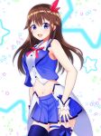  :d armpit_peek arms_at_sides bangs bare_arms bare_shoulders blue_eyes blue_legwear blue_ribbon blue_skirt blue_vest bow bowtie breasts brown_hair buttons collared_shirt contrapposto cowboy_shot crop_top hair_between_eyes hair_bow hair_flaps hair_ornament leg_ribbon long_hair looking_at_viewer medium_breasts midriff mikannsisyou miniskirt navel open_clothes open_mouth open_vest pleated_skirt red_neckwear ribbon shirt sidelocks simple_background skirt sleeveless sleeveless_shirt smile solo standing star star_hair_ornament starry_background thighhighs tokino_sora tokino_sora_channel vest virtual_youtuber white_background white_shirt wing_collar wrist_cuffs zettai_ryouiki 