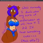  2018 animal_genitalia animal_penis anthro balls big_breasts biped bra breasts bulge canine canine_penis chest_tuft clothed clothing dialogue dickgirl english_text erection eyebrows eyelashes fluffy fluffy_tail fully_clothed hair happy intersex kierra_holt long_hair looking_at_viewer mammal midriff navel panties penis purple_hair simple_background skimpy smile standing text tuft underwear wolf wolfie-pawz 