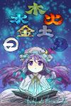  absurdres blue_background book calligraphy character_name commentary_request crescent crescent_moon_pin cursive english eyebrows_visible_through_hair glowing gradient gradient_background highres light_particles long_hair looking_up magic open_book patchouli_knowledge philosopher's_stone purple_eyes purple_hair sketch solo sonosaki_kazebayashi touhou translation_request upper_body very_long_hair yellow_neckwear 