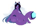  2013 anthro blue_eyes breasts diamond_(character) feline female fur glowing hair kanel long_hair mammal nipples one_eye_closed presenting purple_fur pussy sitting solo 