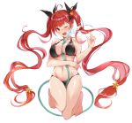 absurdly_long_hair alternate_costume azur_lane bangs bikini black_bikini black_ribbon blush breasts cleavage collarbone commentary_request eyebrows_visible_through_hair fumikiri gradient_hair groin hair_ornament hair_ribbon honolulu_(azur_lane) hose hose_between_breasts kneeling large_breasts long_hair looking_at_viewer multicolored_hair navel one_eye_closed open_mouth orange_hair red_eyes red_hair ribbon sidelocks simple_background skindentation solo star star_hair_ornament stomach swimsuit twintails very_long_hair water white_background 