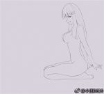  1girl artist_name bangs barefoot breasts eyebrows_visible_through_hair female from_side full_body grey_background greyscale hair_ornament hairclip kneeling konishi_(pixiv12218414) long_hair medium_breasts monochrome navel nipples nude open_mouth original profile sideways_mouth simple_background sitting solo watermark weibo_username 