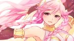 arm_up braid bridal_gauntlets commentary_request fire_emblem fire_emblem:_kakusei hairband highres long_hair nakabayashi_zun olivia_(fire_emblem) parted_lips pink_eyes pink_hair solo twin_braids white_hairband 