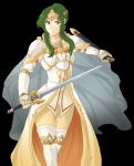  absurdres amiti armor brown_eyes cape circlet commentary elincia_ridell_crimea fire_emblem fire_emblem:_akatsuki_no_megami fire_emblem:_souen_no_kiseki gloves green_hair highres long_hair sheath smile solo sword tridisart unsheathed unsheathing weapon 
