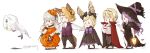  3girls animal_ears basket black_bow black_dress black_pants blonde_hair bow brother_and_sister brothers camilla_(fire_emblem_if) cape circlet commentary_request dress elise_(fire_emblem_if) fake_animal_ears fake_tail female_my_unit_(fire_emblem_if) fire_emblem fire_emblem_heroes fire_emblem_if hair_bow hair_over_one_eye hairband halloween_costume hat lantern leon_(fire_emblem_if) lilith_(fire_emblem_if) long_hair long_sleeves marks_(fire_emblem_if) multicolored_hair multiple_boys multiple_girls my_unit_(fire_emblem_if) open_mouth pants pointy_ears purple_hair robaco short_hair siblings simple_background sisters standing tail twintails twitter_username white_background white_hair witch_hat 