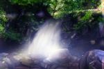  cliff commentary day english_commentary forest highres leaf light_particles moss nameless_neet nature no_humans original outdoors philippines rainbow real_world_location rock scenery signature steam sunlight tree water waterfall 