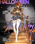  alternate_costume assault_rifle barefoot bayonet bullpup cape costume english famas famas_(girls_frontline) girls_frontline gloves gun halloween halloween_costume hood jack-o'-lantern ky mask official_art pantyhose pumpkin rifle solo stairs torn_cape torn_clothes torn_legwear weapon 