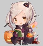  book brown_eyes candy chibi commentary_request female_my_unit_(fire_emblem:_kakusei) fire_emblem fire_emblem:_kakusei flask food grey_background halloween_costume hat jack-o'-lantern long_sleeves my_unit_(fire_emblem:_kakusei) open_mouth simple_background snk_anm test_tube twintails twitter_username white_hair witch_hat 