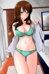  artist_name bangs bed bedroom bow bow_bra bow_panties bra breasts brown_hair cleavage closed_mouth cowboy_shot crotch_seam curtains door dress_shirt green_bra green_eyes green_panties indoors large_breasts long_hair long_sleeves looking_at_viewer matsui_yasutsugu mature navel no_pants off_shoulder open_clothes open_shirt opened_by_self original panties picture_(object) shirt signature smile solo standing swept_bangs thigh_gap thighs underwear white_shirt wooden_floor 