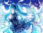  bird black_dress blue_hair blush closed_eyes dress eyebrows_visible_through_hair floating_hair from_side gothic_lolita hatsune_miku headdress highres iceblue lolita_fashion long_dress long_hair long_sleeves smile solo twintails very_long_hair vocaloid white_feathers 