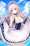  absurdres apron arm_guards azur_lane bangs belfast_(azur_lane) bird blue_eyes blue_sky blush braid breasts chain cleavage closed_mouth cloud collar collarbone commentary_request corset day dress dress_lift eyebrows_visible_through_hair french_braid frilled_gloves frills gloves head_tilt highres large_breasts lifted_by_self long_hair looking_at_viewer maid maid_headdress outdoors sidelocks silver_hair sky smile solo tokkyu_(user_mwwe3558) wading water_drop wet white_gloves 