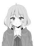  ahoge bangs blush cardigan closed_mouth commentary_request eyebrows_visible_through_hair greyscale hair_between_eyes hands_on_own_face hands_up highres kuriyama_mirai kyoukai_no_kanata long_sleeves looking_at_viewer mamel_27 monochrome neck_ribbon no_eyewear open_cardigan open_clothes ribbon sailor_collar school_uniform serafuku shirt simple_background sleeves_past_wrists smile solo upper_body white_background 