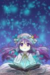  absurdres blue_background book calligraphy character_name crescent crescent_moon_pin cursive english eyebrows_visible_through_hair glowing gradient gradient_background highres light_particles long_hair looking_up magic open_book patchouli_knowledge purple_eyes purple_hair sketch solo sonosaki_kazebayashi touhou upper_body very_long_hair yellow_neckwear 