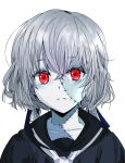  commentary_request expressionless green_skin hair_ribbon highres konno_junko red_eyes ribbon school_uniform short_hair silver_hair solo stitches yuhwa9324 zombie zombie_land_saga 