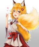  :d absurdres animal_ear_fluff animal_ears blonde_hair blush commentary fang flower fluffy fox_ears fox_shadow_puppet fox_tail hair_flower hair_ornament highres holding_tail japanese_clothes miko open_mouth ribbon-trimmed_sleeves ribbon_trim sash senko_(sewayaki_kitsune_no_senko-san) sewayaki_kitsune_no_senko-san short_hair smile tail tini wide_sleeves yellow_eyes 