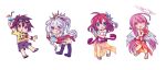  3girls :d angel_wings bikini blue_eyes blue_hair blush brown_eyes brown_hair chibi clothes_writing cocktail commentary_request cross crown eyewear_on_head feathered_wings flower food fruit hair_flower hair_ornament halo highres ice_cream jibril_(no_game_no_life) long_hair low_wings magic_circle messy_hair multiple_girls navel no_game_no_life open_mouth pink_hair ramune red_eyes red_hair shiro_(no_game_no_life) shirt shorts smile sora_(no_game_no_life) stephanie_dora swimsuit symbol-shaped_pupils t-shirt thighhighs very_long_hair watermelon white_wings wing_ears wings yellow_eyes yuiti43 