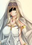  absurdres armlet black_blindfold blindfold blonde_hair breasts cape collarbone dress facing_viewer gem goblin_slayer! gold highres jewelry large_breasts long_hair necklace sideboob smile solo sword_maiden the_only_shoe upper_body veil white_cape white_dress 