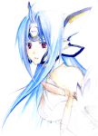  android blue_hair commentary_request cyborg forehead_protector kanko_(8262) kos-mos long_hair looking_at_viewer red_eyes solo white_background xenosaga 