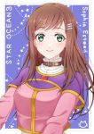  ayakura_azuma brown_hair character_name commentary_request copyright_name green_eyes hair_ornament hairclip highres long_hair looking_at_viewer neck_belt simple_background smile solo sophia_esteed star star_ocean star_ocean_till_the_end_of_time upper_body 