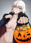  areolae black_dress breasts candy cowboy_shot dress eyebrows_visible_through_hair fate/grand_order fate_(series) food fur_trim grey_background hair_between_eyes hessra highres jack-o'-lantern jeanne_d'arc_(alter)_(fate) jeanne_d'arc_(fate)_(all) large_breasts navel nipples no_bra no_panties short_hair silver_hair wicked_dragon_witch_ver._shinjuku_1999 yellow_eyes 