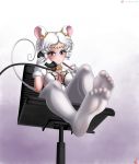  1girl animal_ears bishoujo_senshi_sailor_moon blush breasts feet medium_breasts mouse_ears purple_eyes sailor_iron_mouse sitting solo thighhighs tiara white_hair white_legwear 