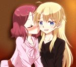  black_shirt blonde_hair blue_eyes blush breasts closed_eyes collarbone commentary_request eyebrows_visible_through_hair head_tilt imminent_kiss leaning_forward long_hair medium_breasts multiple_girls new_game! open_mouth purple_hair shirt simple_background smile tissy_(mickey) tooyama_rin yagami_kou yuri 