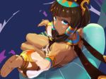  armlet bangs blue_eyes blunt_bangs breasts brown_hair commentary_request dark_skin detached_sleeves dragalia_lost egyptian egyptian_clothes eyebrows_visible_through_hair from_above gorget hair_tubes headgear hima_hijiki legs_together looking_at_viewer looking_back lying nefaria on_back pillow pose see-through see-through_sleeves small_breasts solo 