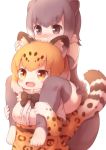  :d animal_ears animal_print bare_shoulders barefoot blonde_hair blush bow bowtie carrying center_frills commentary elbow_gloves eyebrows_visible_through_hair fang fingerless_gloves fur_collar gloves grey_hair hand_on_another's_head hidden_mouth high-waist_skirt jaguar_(kemono_friends) jaguar_ears jaguar_print jaguar_tail kemono_friends matsuu_(akiomoi) multicolored_hair multiple_girls nose_blush one-piece_swimsuit open_mouth otter_ears otter_tail piggyback short_hair short_sleeves skirt small-clawed_otter_(kemono_friends) smile swimsuit tail thighhighs toeless_legwear white_hair yellow_eyes 