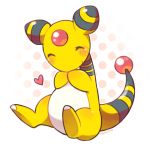  artist_name blush blush_stickers closed_eyes closed_mouth commentary_request forehead_jewel full_body hands_together hands_up happy heart no_humans pokemon pokemon_(creature) polka_dot polka_dot_background shiny shiny_skin signature simple_background sitting smile solo tansho 