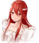  bare_shoulders bride choker closed_mouth commentary_request fire_emblem fire_emblem:_kakusei fire_emblem_heroes hair_ornament highres jewelry long_hair red_eyes red_hair ring simple_background sleeveless snk_anm solo tears tiamo twitter_username white_background 
