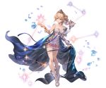  blonde_hair blue_eyes boots breasts bug butterfly cape cleavage dress europa_(granblue_fantasy) flower granblue_fantasy hair_flower hair_ornament insect minaba_hideo official_art short_dress short_hair smile sparkle strapless strapless_dress tiara veil 
