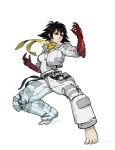  alternate_costume barefoot belt black_eyes black_hair breasts choker commentary covered_navel cropped_jacket cyborg english_commentary eyeliner fighting_stance full_body highres jacket knee_pads makeup makoto_(street_fighter) mechanical_arms medium_breasts paul_remy ribbon ribbon_choker short_hair skin_tight solo street_fighter toes tomboy white_background white_jacket yellow_ribbon 