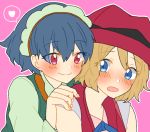  blonde_hair blue_eyes blue_hair blush commentary hair_between_eyes hand_on_another's_shoulder hat heart looking_at_another mashiba_(masiba88) millefeui_(pokemon) multiple_girls open_mouth pink_background pokemon pokemon_(anime) pokemon_(game) pokemon_xy red_eyes red_hat serena_(pokemon) short_hair smile spoken_heart yuri 