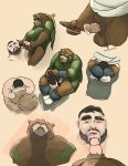  2018 anthro balls belly bezdomny brown_fur clothing cum duo erection eyes_closed fur gyobu hat human human_on_anthro humanoid_hands interspecies male male/male mammal oral overweight overweight_male penis robe simple_background tokyo_afterschool_summoners 