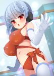 :&lt; bangs bare_shoulders bikini blue_hair bow breasts commentary_request covered_nipples elbow_gloves eyebrows_visible_through_hair gloves hair_ornament highres indoors large_breasts looking_at_viewer navel original parted_lips red_bikini red_bow red_eyes shiny shiny_skin side-tie_bikini solo sparkle standing suzune_rai swimsuit thighhighs triangle_mouth v-shaped_eyebrows white_gloves white_legwear 