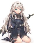  agrt an-94 an-94_(girls_frontline) aqua_eyes assault_rifle bangs belt belt_pouch black_footwear black_gloves black_hairband black_jacket black_vest blush closed_mouth commentary_request eyebrows_visible_through_hair face_mask girls_frontline gloves grey_hair gun hair_ornament hairband hand_under_clothes highres jacket jacket_on_shoulders knife long_hair long_sleeves looking_at_viewer mask mask_around_neck open_clothes open_vest pouch rifle shiny shiny_hair short_shorts shorts simple_background sitting solo thigh_strap v-shaped_eyebrows very_long_hair vest wariza weapon weapon_on_back white_background white_shorts 