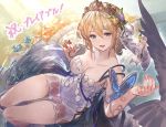  :d blonde_hair blue_eyes breasts bug butterfly cape cleavage commentary_request dress europa_(granblue_fantasy) flower granblue_fantasy hair_flower hair_ornament insect official_art open_mouth short_dress short_hair smile strapless strapless_dress tiara veil water wings 