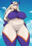  1girl artist_request blonde_hair boku_no_hero_academia breasts cameltoe covered_navel domino_mask giantess horns huge_breasts long_hair looking_at_viewer mask mount_lady plump smile solo standing takeyama_yuu thick_thighs thighs wide_hips 
