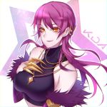  bare_shoulders breasts doming evelynn hair_ornament hand_on_own_chest highres idol jewelry k/da_(league_of_legends) k/da_evelynn league_of_legends lipstick long_hair makeup necklace orange_eyes purple_hair smile solo upper_body 