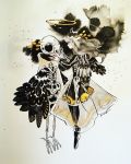  bird_skull black_footwear bone feathers floating full_body grey_hair halo highres hip_bones inktober long_hair maruti_bitamin original photo ribs skeleton solo standing traditional_media wings 