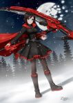  1girl black_dress black_hair boots breasts cape cloak corset crescent_rose dress frilled_dress frills full_body hood hooded_cloak medium_breasts red_cape red_hair ruby_rose rwby scythe short_hair silver_eyes solo standing thighhighs 