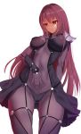  absurdres blbc2 bodysuit_under_clothes breasts cameltoe cowboy_shot fate/grand_order fate_(series) highres pauldrons purple_hair red_eyes scathach_(fate)_(all) scathach_(fate/grand_order) skindentation smile solo 